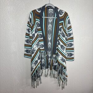 Western Style Cardigan Shaw With Tassels Gold Gray Turquoise Size M/L GeeGee Lon